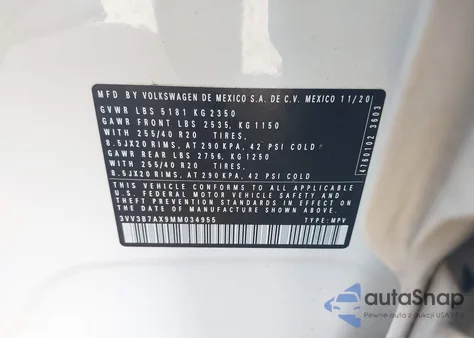 2021 Volkswagen Tiguan 2.0T Se/2.0T Se R-Line Black/2.0T Sel from USA, damaged, VIN 3VV3B7AX9MM034955